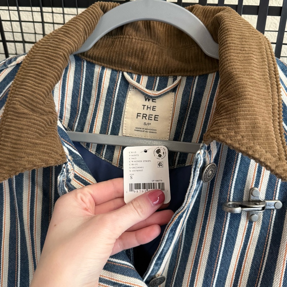 Free People Blue and White Striped Jean Jacket with Brown Corduroy Collar - Picture 8 of 8